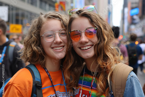 Twin Sisters with Rainbow Glasses at Pride Parade