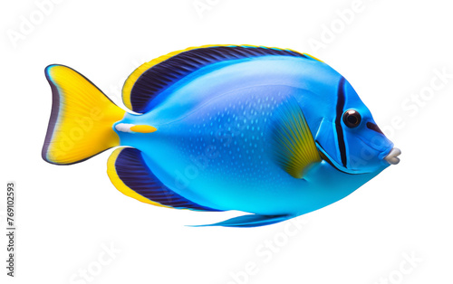 A vibrant blue and yellow fish gracefully swims in a serene white space