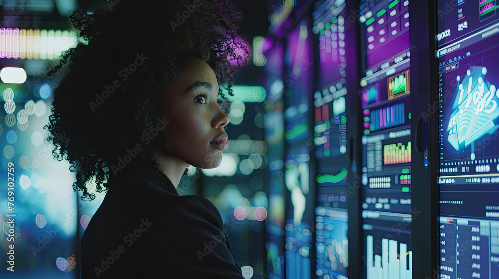 Woman Analyzing Data on a Wall of Monitors Woman Analyzing Data on a Wall of Monitors