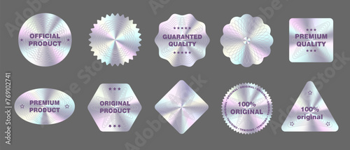 Set of realistic silver holographic stickers, quality emblems, labels, original product stamps, premium quality symbol of official product guarantee with different shapes. Vector illustration 