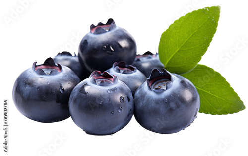 A close-up of a group of fresh blueberries with vibrant green leaves on a clean white background