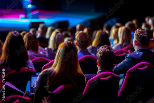 Rear view of a diverse audience attentively listening to a speaker at a corporate event in a modern conference hall. © Anton Gvozdikov