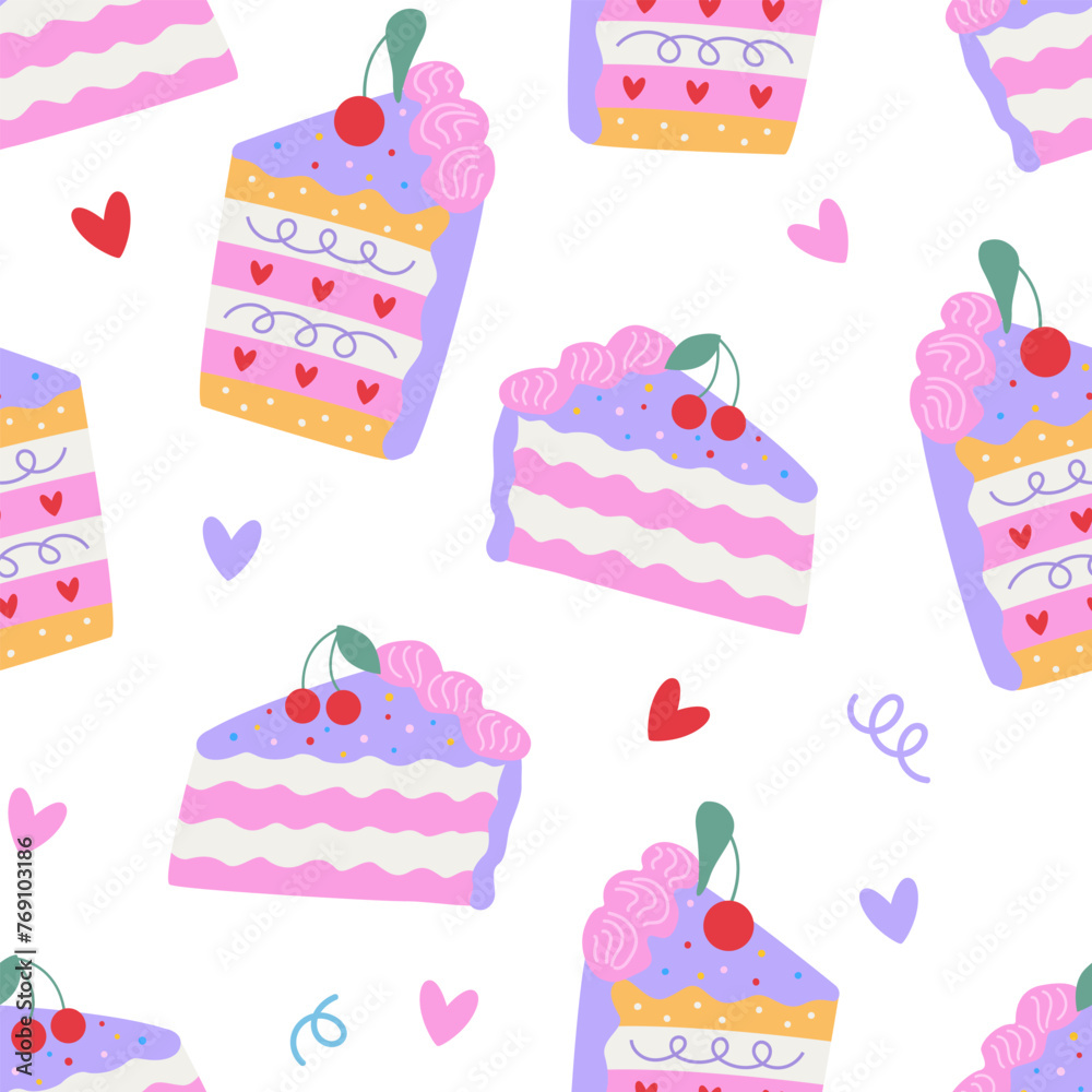 Seamless pattern with colorful pieces of cakes and cherries. Vector flat background. Birthday holiday concept Seamless pattern with colorful pieces of cakes and cherries. Vector flat background. Birthday holiday concept