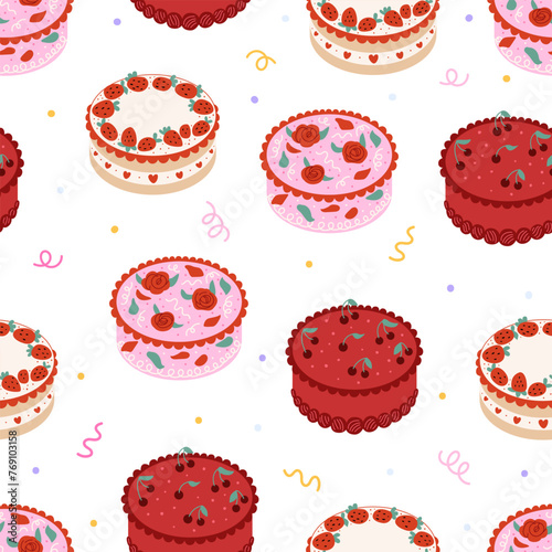 Seamless pattern with various cakes with strawberries, cherries, flowers and hearts. Holiday birthday cake vector flat background