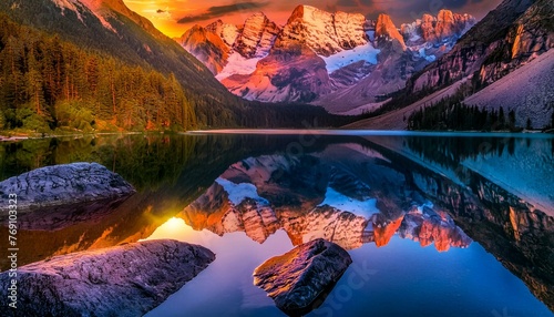 Mountain Majesty: Sunset Reflection on Lake Mirrors Majestic Range