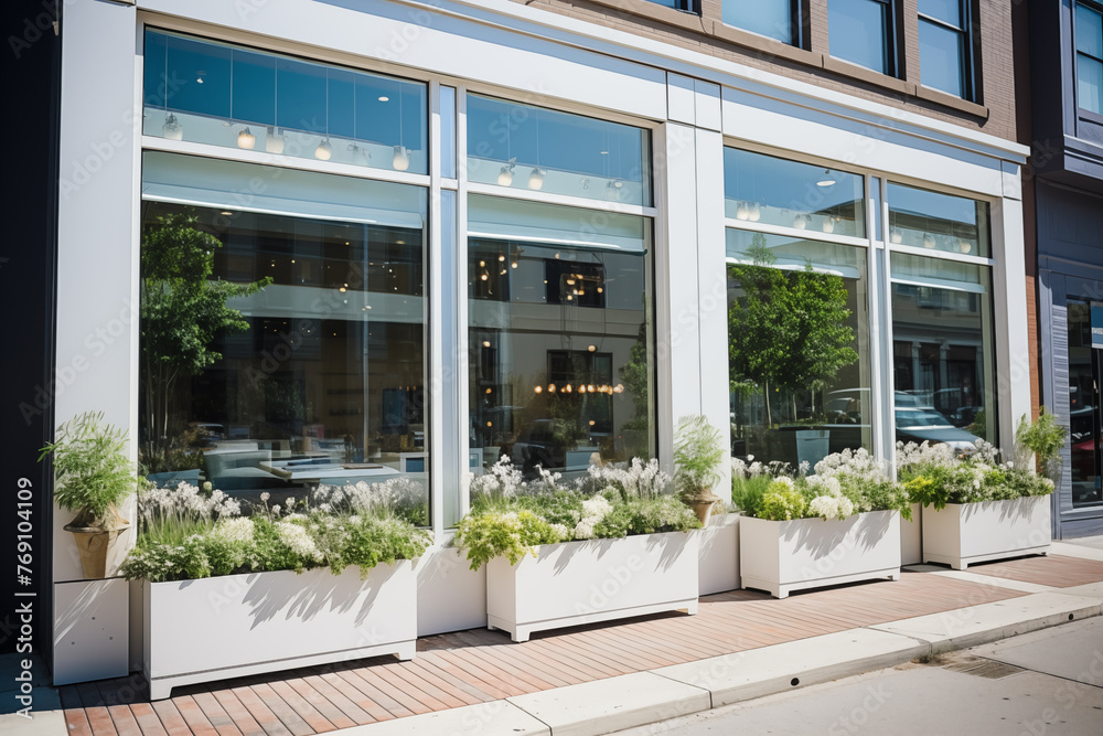 Chic Cafe Window with Stylish Planters on Urban Street. Chic Cafe Window with Stylish Planters on Urban Street.