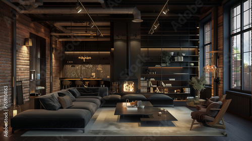 living room with fireplace interior of a house with rustic furniture © admilustrador