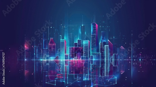 City skyline with neon lights, futuristic buildings. Skyscraper futuristic city.