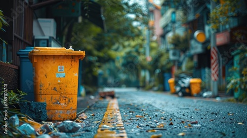 Yellow trash can on the street. Selective focus.
