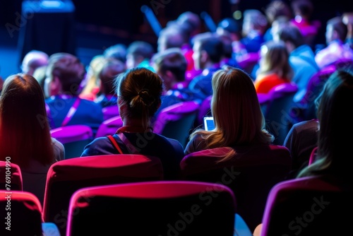 Back view of audience listening attentively at a conference event. Concept of education, business, and learning.