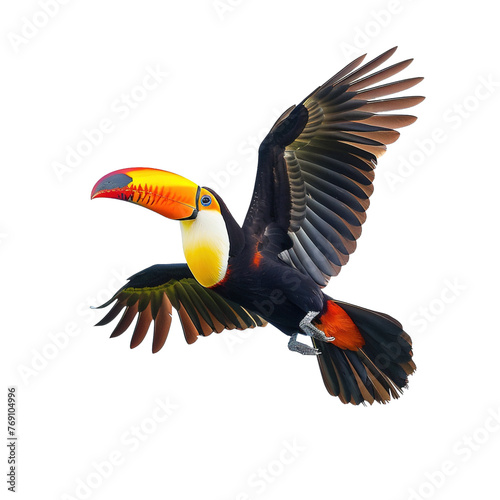 Tropical toucan bird flying isolated on white or transparent background photo