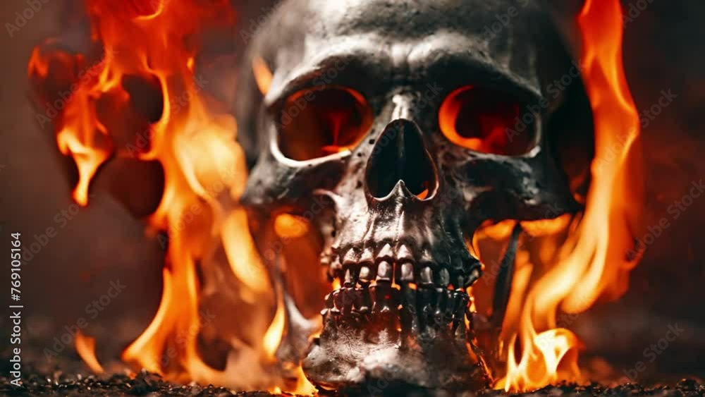 burning skull on dark background