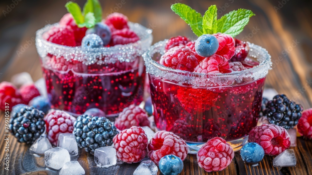 raspberries, blueberries, and raspberries in a jar with ice cubes on a wooden table. raspberries, blueberries, and raspberries in a jar with ice cubes on a wooden table.