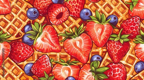  a painting of waffles and strawberries with blueberries and strawberries on top of the waffles.