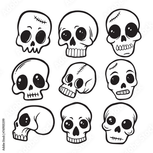 skull doodle collection set hand drawn black and white premium vector