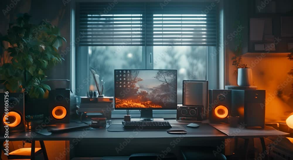 Dark-hued technology array, light from a window casting over a desktop, interplay of light and shadow, detailed with ray tracing. This composition captures a high-tech atmosphere where the sleek, blac Dark-hued technology array, light from a window casting over a desktop, interplay of light and shadow, detailed with ray tracing. This composition captures a high-tech atmosphere where the sleek, blac
