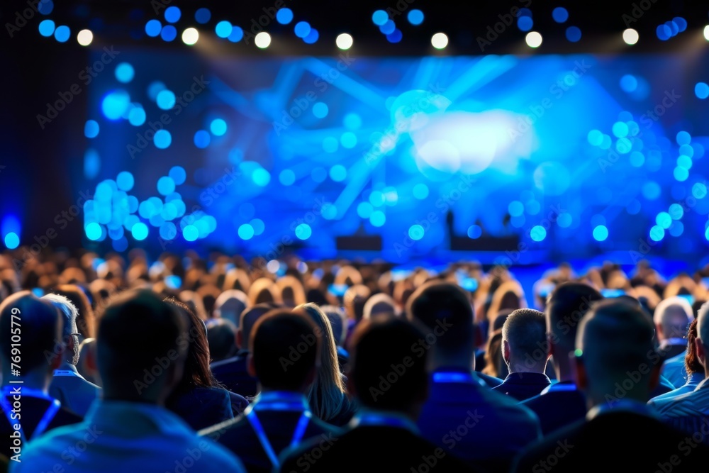 Obraz premium Back view of audience with raised hands enjoying music at a live concert with blue stage lights.