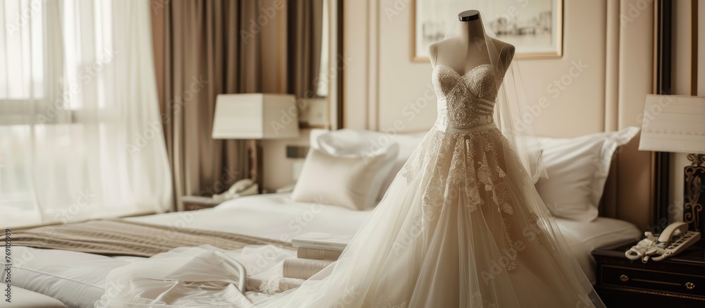 Stunning bridal gown displayed on a mannequin in a hotel room for the big day.