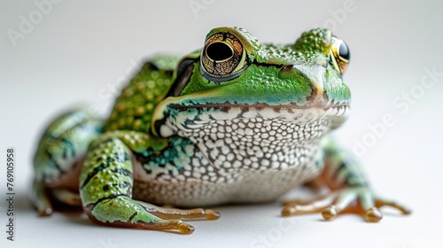 Green frog isolated on a white background. Close-up.