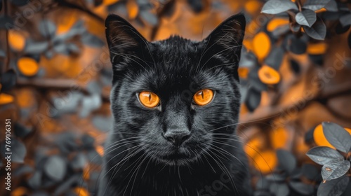  a black cat with bright orange eyes sitting in front of a leafy tree with leaves on it's branches.