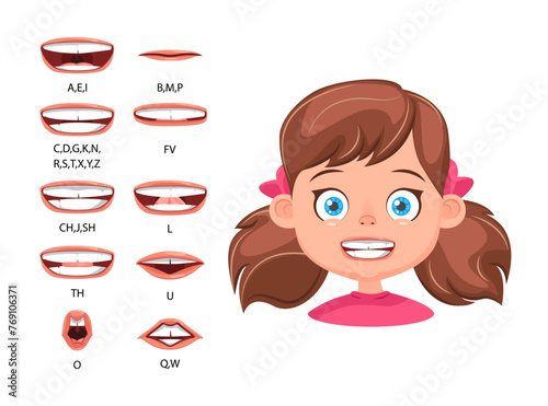 Mouth animation set for girl character. Lip sync for character animation. Talking mouth animation, sync movement.