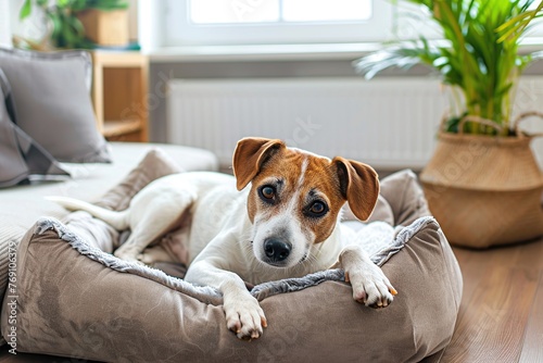 Adorable dog lying on soft dog bed in home interior
