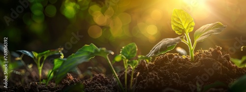 Banner with young plant growing in garden. Seedling are growing in the soil on blurred background of the mourning sunlight. Green world and Earth day concept. Ecology and ecological balance photo