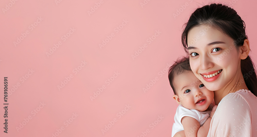 Asian woman hugs baby on pink background, Mother's Day