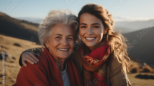 Young woman hugs her mom outdoors, Mother's Day vacation
