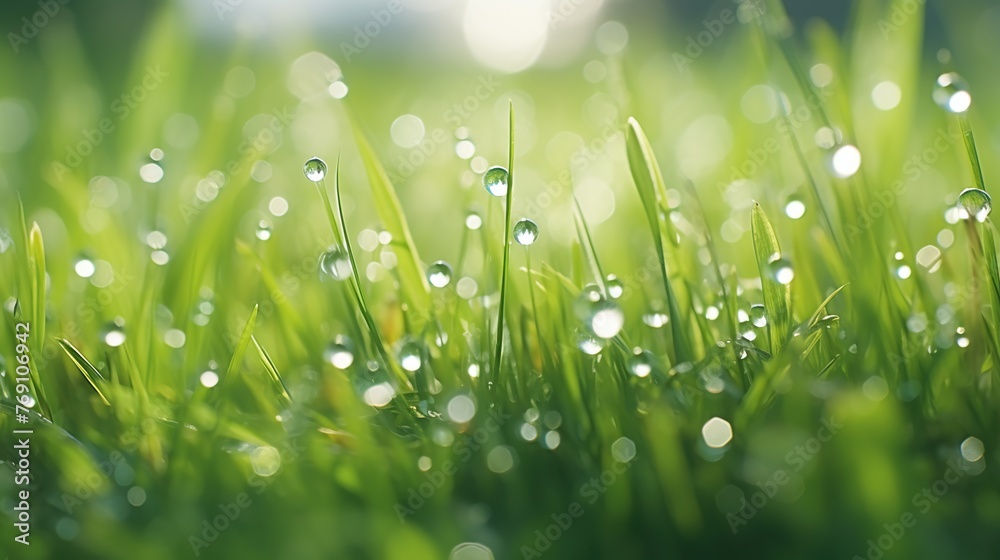 Water droplets on green grass on blurred greenery and sunlight background. Beautiful nature landscape.