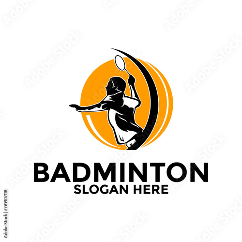 Badminton Silhouette Logo vector, Aggressive Jumping Smash player badminton logo design