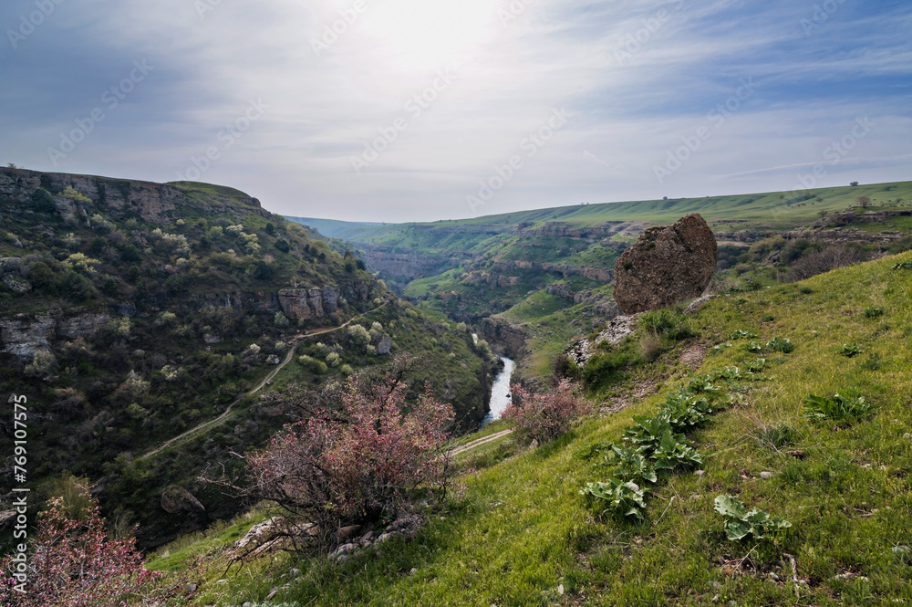 Panoramic view of the Aksu canyon with a river in the rocks in spring in Kazakhstan