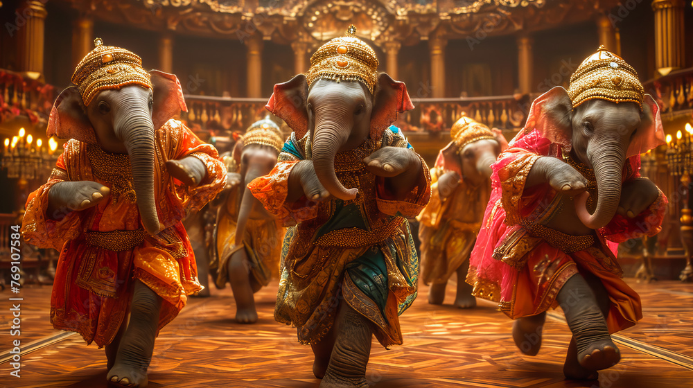 Ballet with Elephants. Theatrical Delight with Elephants - obrazy, fototapety, plakaty 