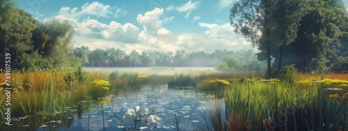 Serene Lakeside Scene With Lush Greenery and Blooming Wildflowers on a Sunny Day