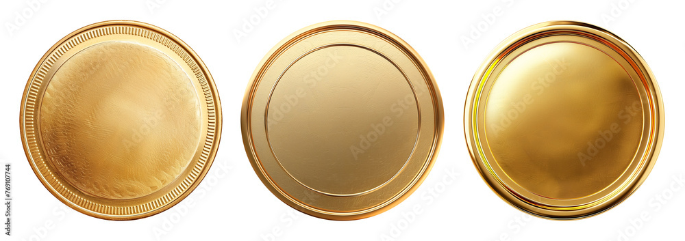 Set of realistic blank golden coins or medals isolated on white, empty metallic token template Set of realistic blank golden coins or medals isolated on white, empty metallic token template