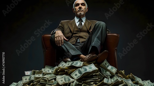 Serious Businessman Seated on a Pile of Money, Exuding Power and Success, Dressed in a Suit in a Dark Setting. Ideal for Financial Themes. AI