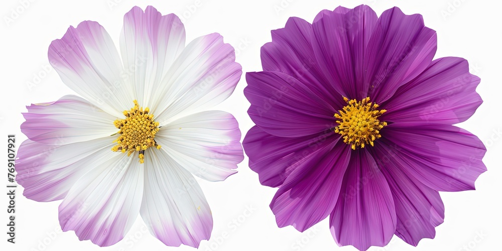 Fototapeta premium Two delicate flowers white and purple on a white background