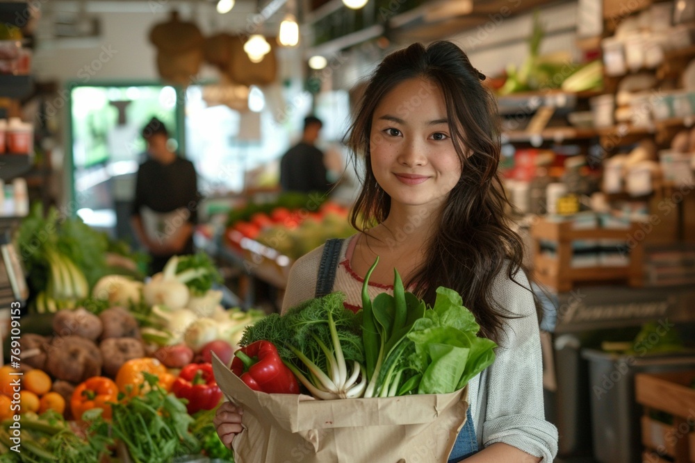 Asian woman holding a paper bag with groceries and vegetables on the farm market. Eco-friendly and natural products delivery concept