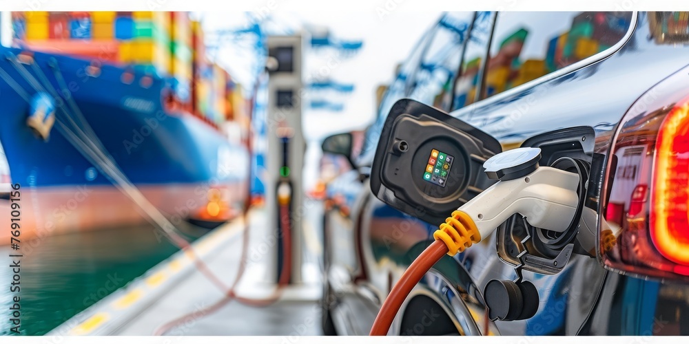 Fototapeta premium Charging Beside a Busy Harbor, Symbolizing the Intersection of Modern Technology and Global Maritime Commerce, Generative AI