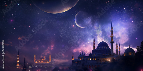 A mosque and minarets grace the starlit sky with the moon, signifying the sacred month of Ramadan
