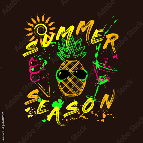 Tropical summer label with icons of pineapple, ice cream, cocktail glass, text, splattered paint. Bright glowing neon fluorescent colors. Outline, contour illustrations.
