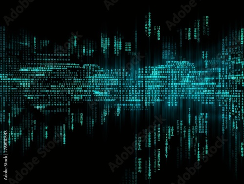 Binary code, frontal view, screen, solid black background, tech technology letters Pure black background with blank copy space for text or photo backdrop