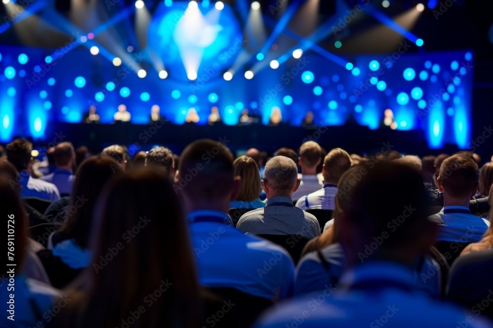 Focused audience members attending a corporate conference event, listening attentively to the speaker on stage.