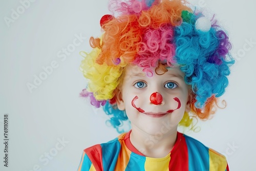 Child boy is dressed up in clown costume with colorful wig