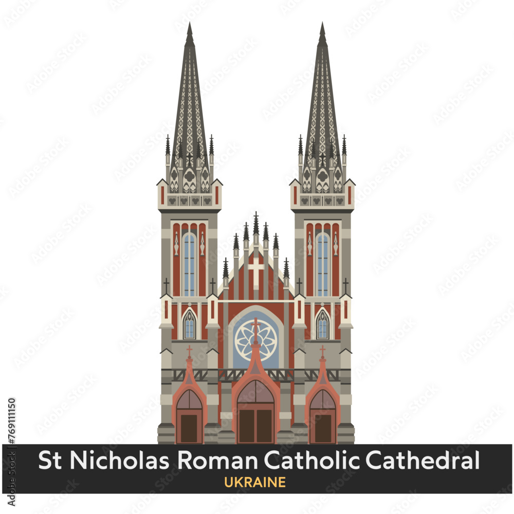 St. Nicholas Roman Catholic Church, Kyiv, Ukraine. Vector illustration