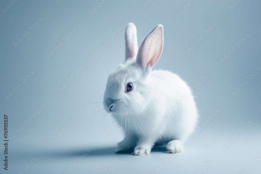 A purebred rabbit poses for a portrait in a studio with a solid color background during a pet photoshoot.
A purebred rabbit poses for a portrait in a studio with a solid color background during a pet photoshoot.