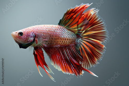 A purebred fish poses for a portrait in a studio with a solid color background during a pet photoshoot.