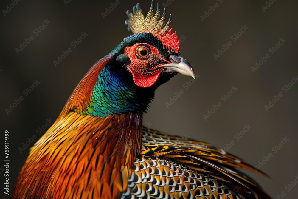A purebred bird poses for a portrait in a studio with a solid color background during a pet photoshoot.

