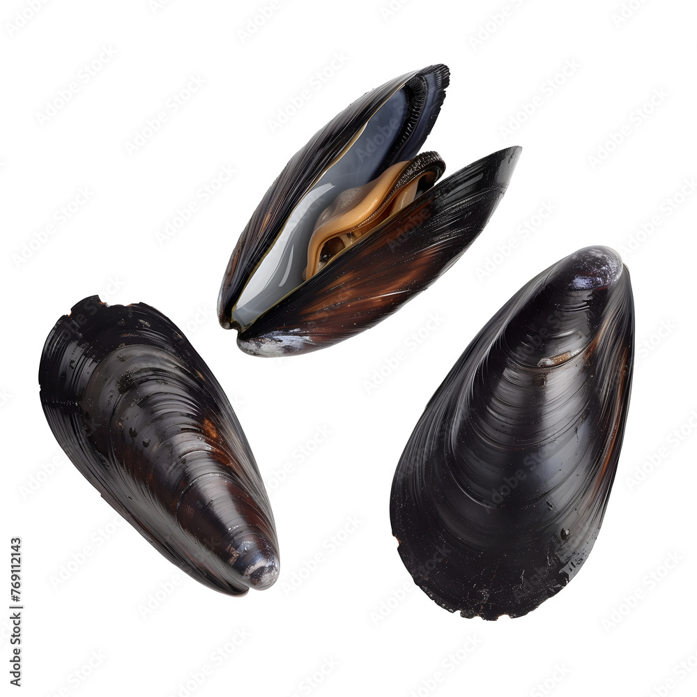 Three Fresh Mussels Isolated on Transparent Background. AI., One Partially Open Three Fresh Mussels Isolated on Transparent Background. AI., One Partially Open