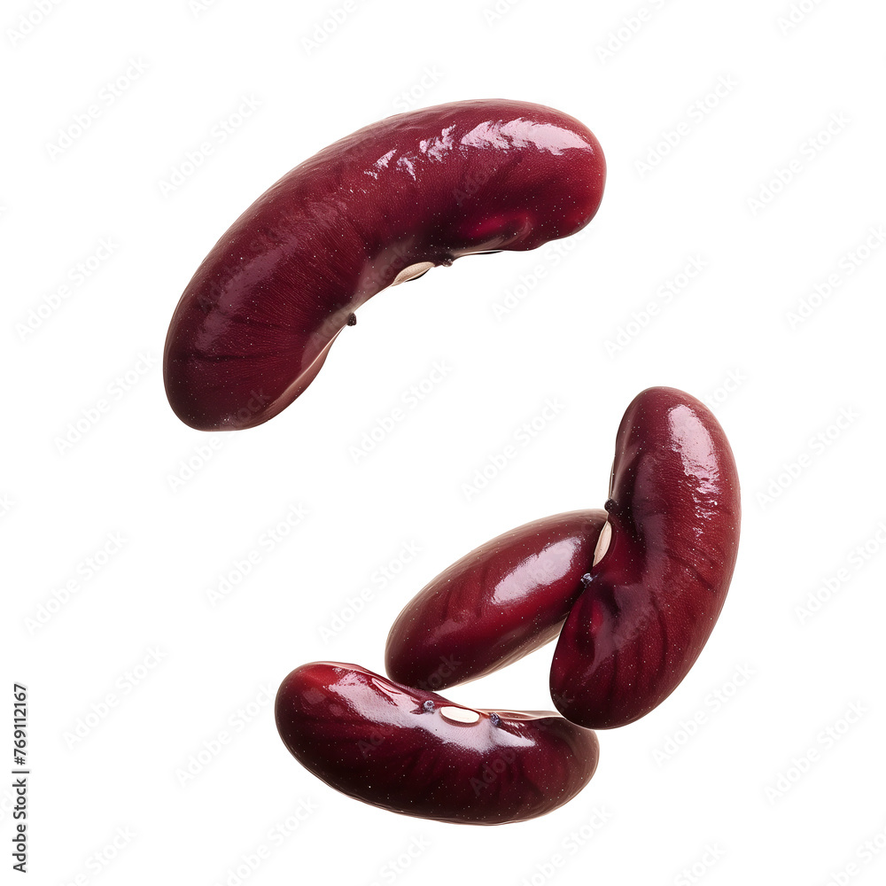 Three Shiny Red Kidney Beans Floating Against on a Transparent Background. AI.